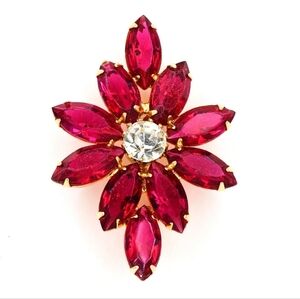 Ruby Red Flower Brooch. Red and Clear Gold Plated